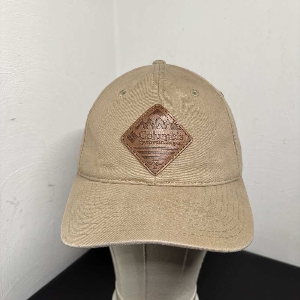 Columbia Tan Hat Leather‎ Patch Baseball Cap Unisex Adult Size S/M Flexfit